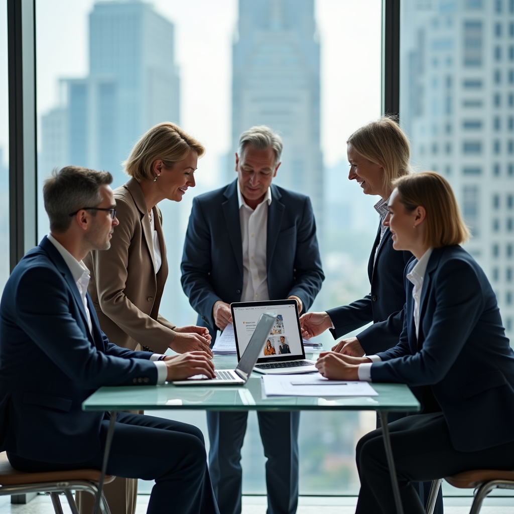Gruppo di lavoro riunito in un ufficio moderno con vetrate, durante la revisione dei contenuti per un webinar